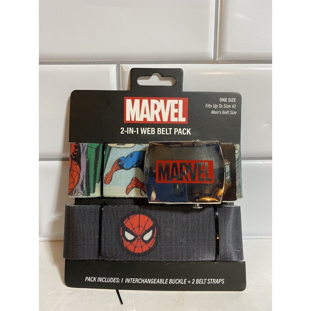 Marvel Spiderman 2-in-1 Web Belt Pack 1 Buckle + 2 Belts Fits up to Size 42 Mens